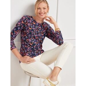 Talbots CREWNECK TEE - WOODLAND DITSY Long Sleeve Navy Blue Nature Size L